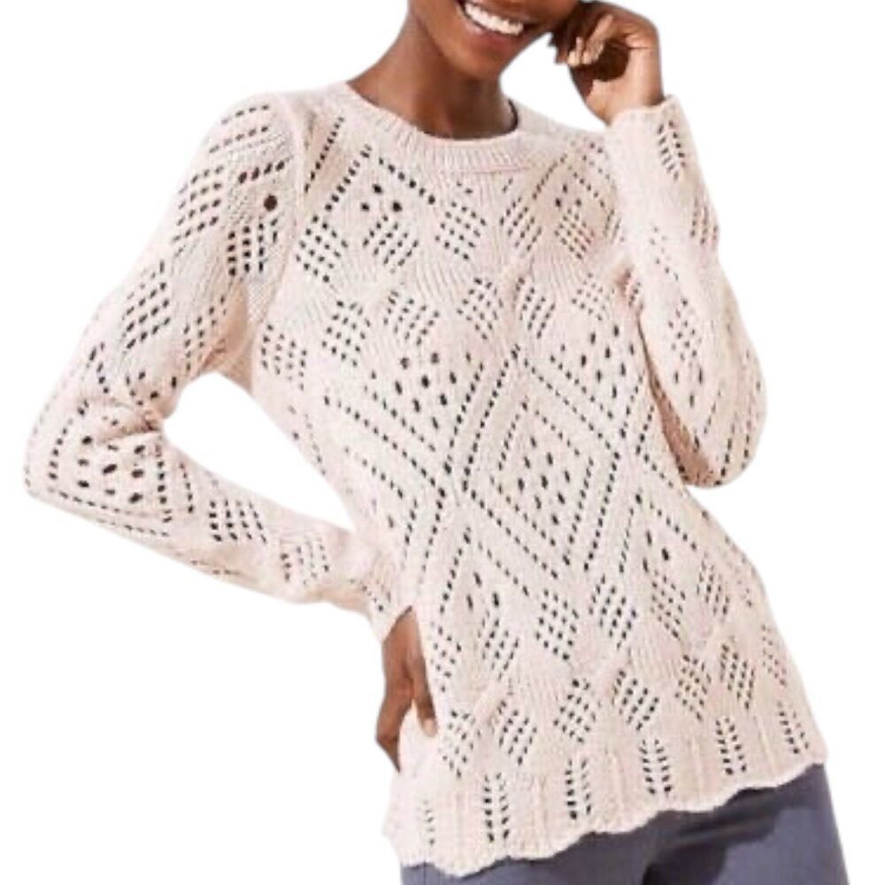 LOFT Dusty Pink Pointelle Scallop Lacy Knit Wool Blend Sweater XS